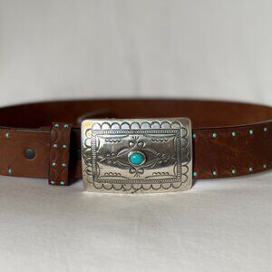 Like-New Sundance Catalog Studded Turquoise Leather Belt, Silver Buckle, Sized S